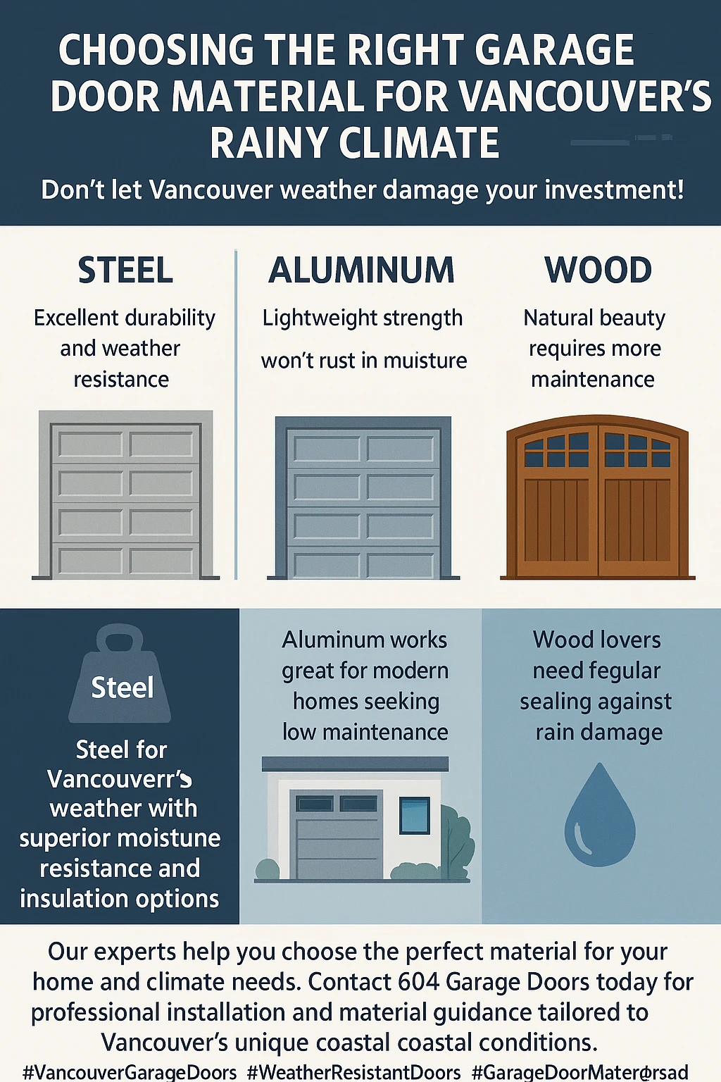 Infographic comparing garage door materials for Vancouver's climate
