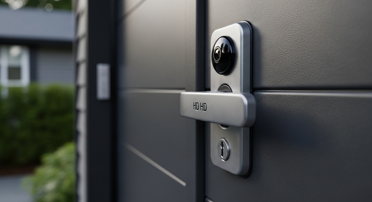 A close-up view of a high-tech smart garage door security lock.