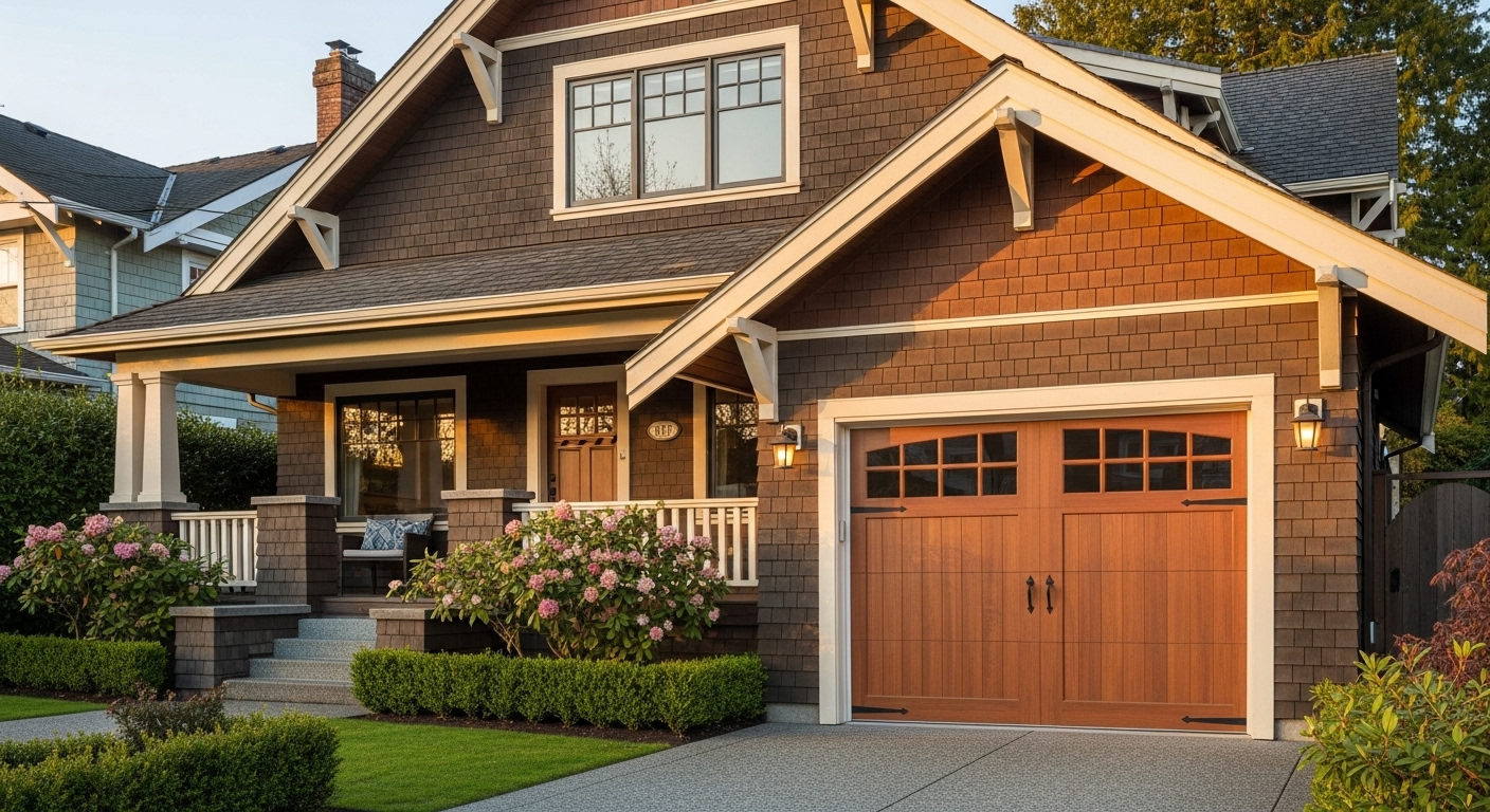 A beautiful Craftsman home featuring a classic carriage-style garage door.