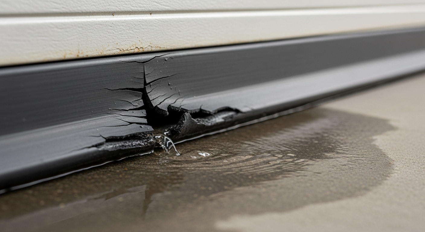 A visible water leak resulting from old, damaged garage door weather stripping.