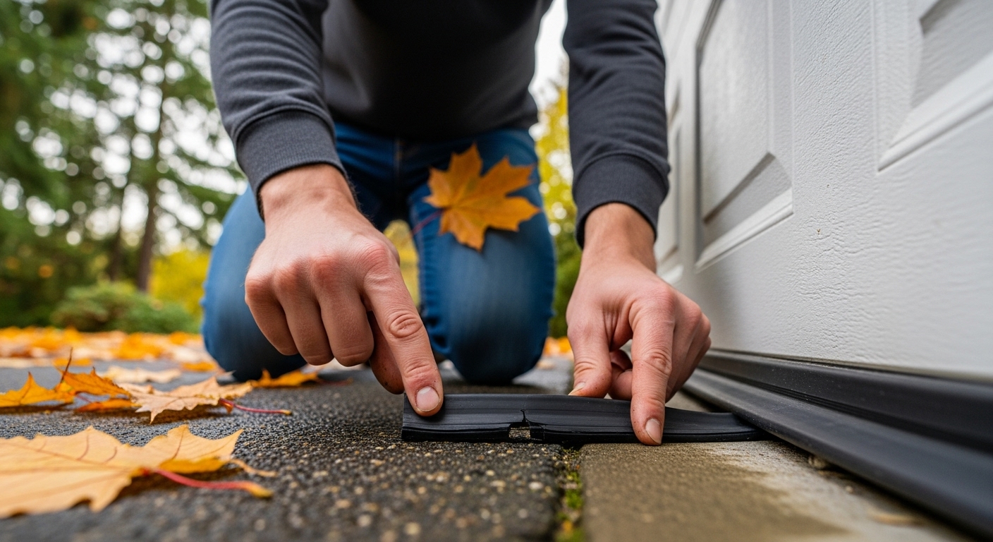 Close-up of fall garage door weatherstripping inspection in Vancouver.