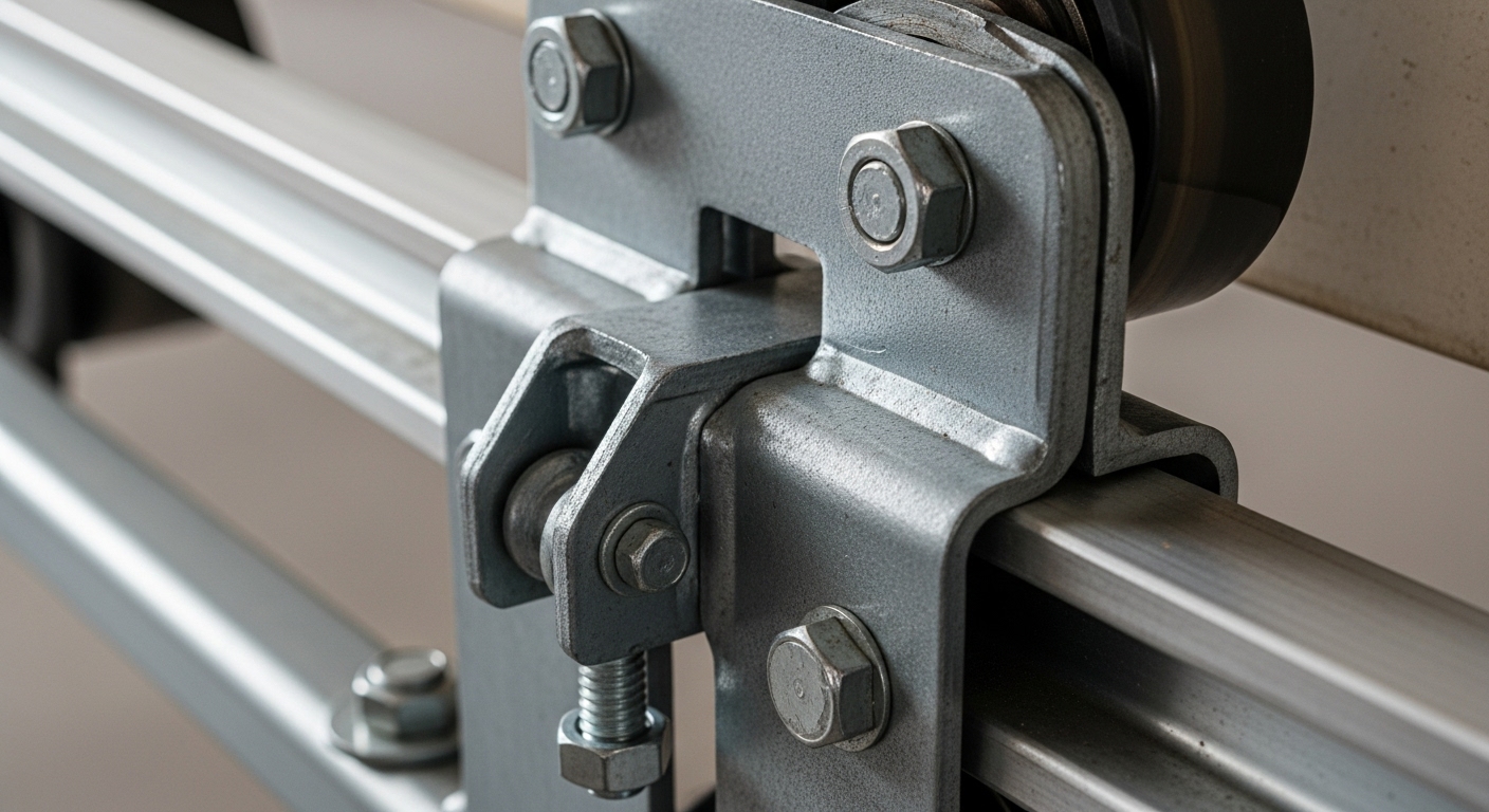 A close-up of a physical track lock installed on a garage door for enhanced security.