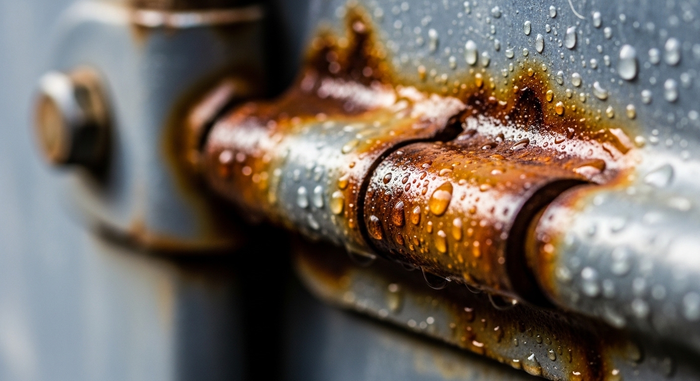 Close-up of rust and corrosion on a garage door panel caused by salt air.
