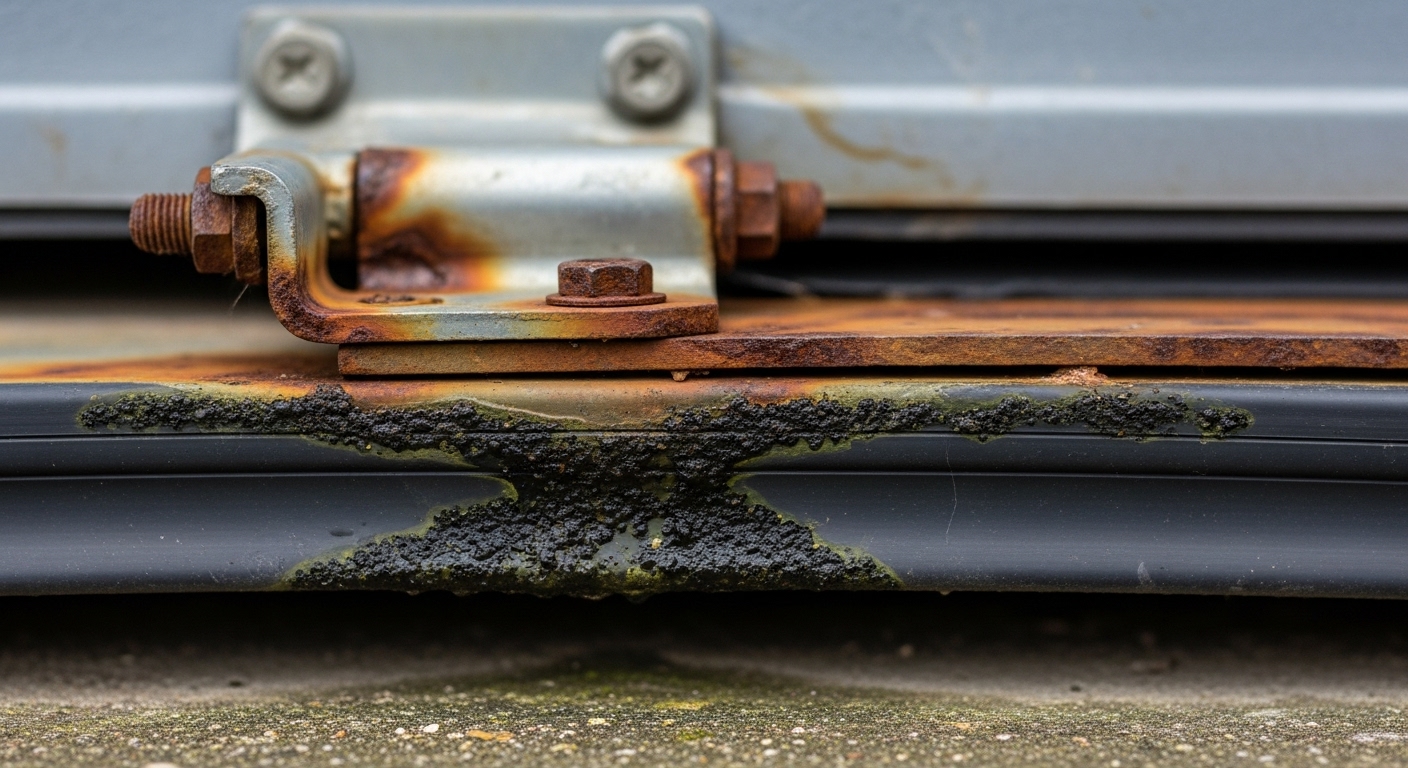 Close-up of rust and mold on a garage door due to wet climate
