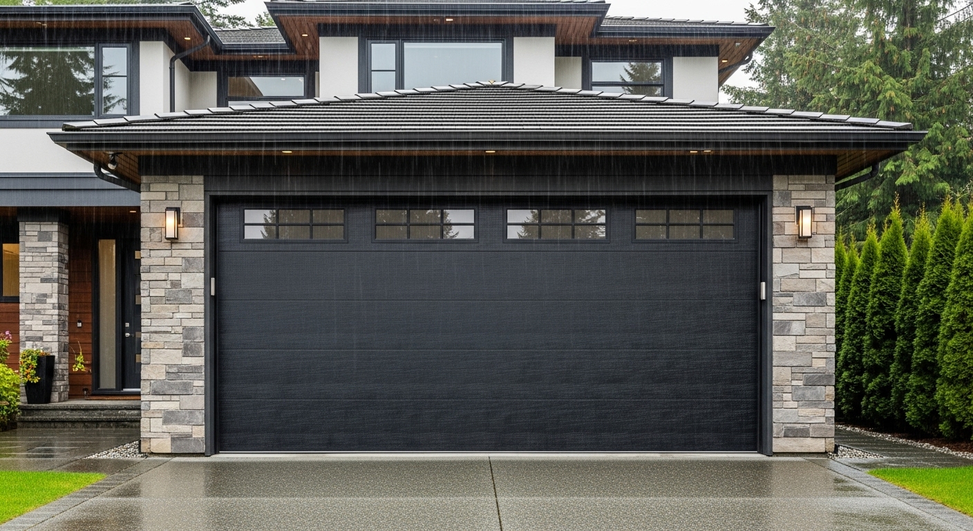 Modern steel garage door on a contemporary Vancouver home
