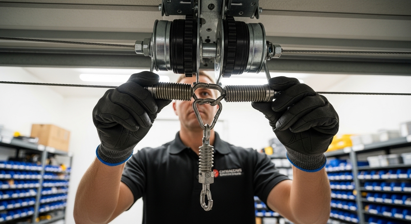 A professional technician performing a garage door inspection.