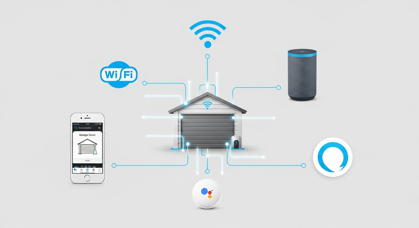 Infographic illustrating the connectivity of a smart garage door with devices like smartphones, cars, and home assistants.