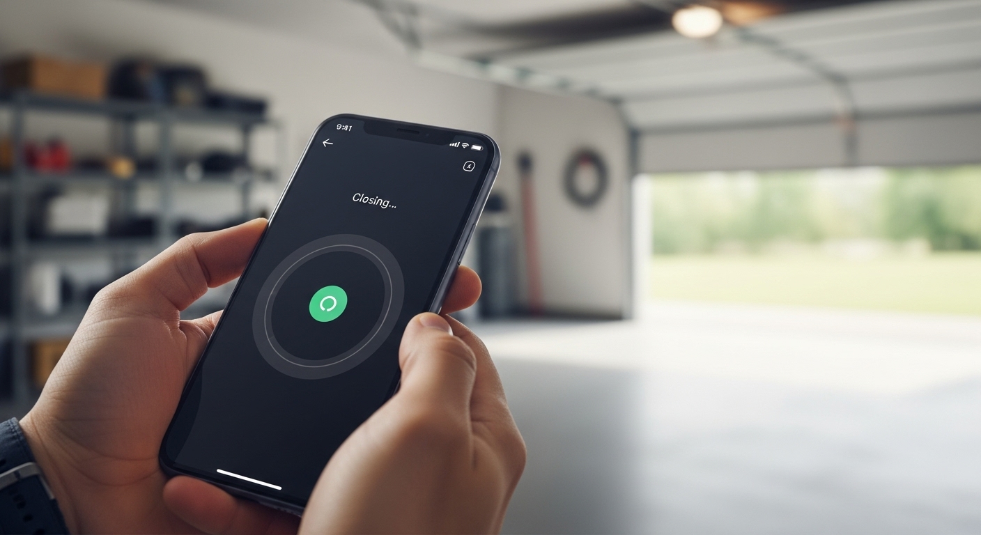 A person using a smartphone app to control their smart garage door opener.