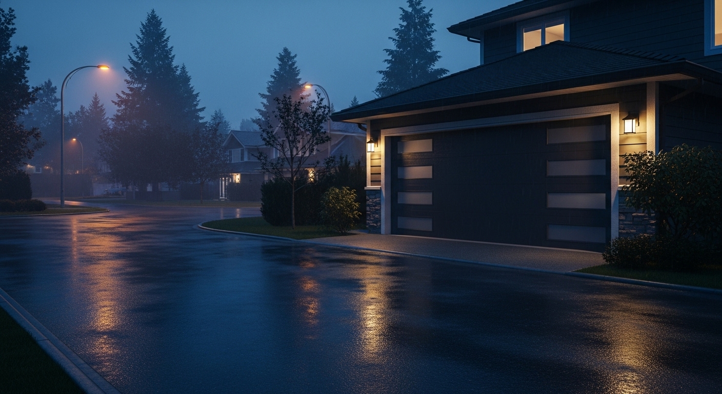 A secure garage door on a rainy night in Vancouver, illuminated by streetlights.