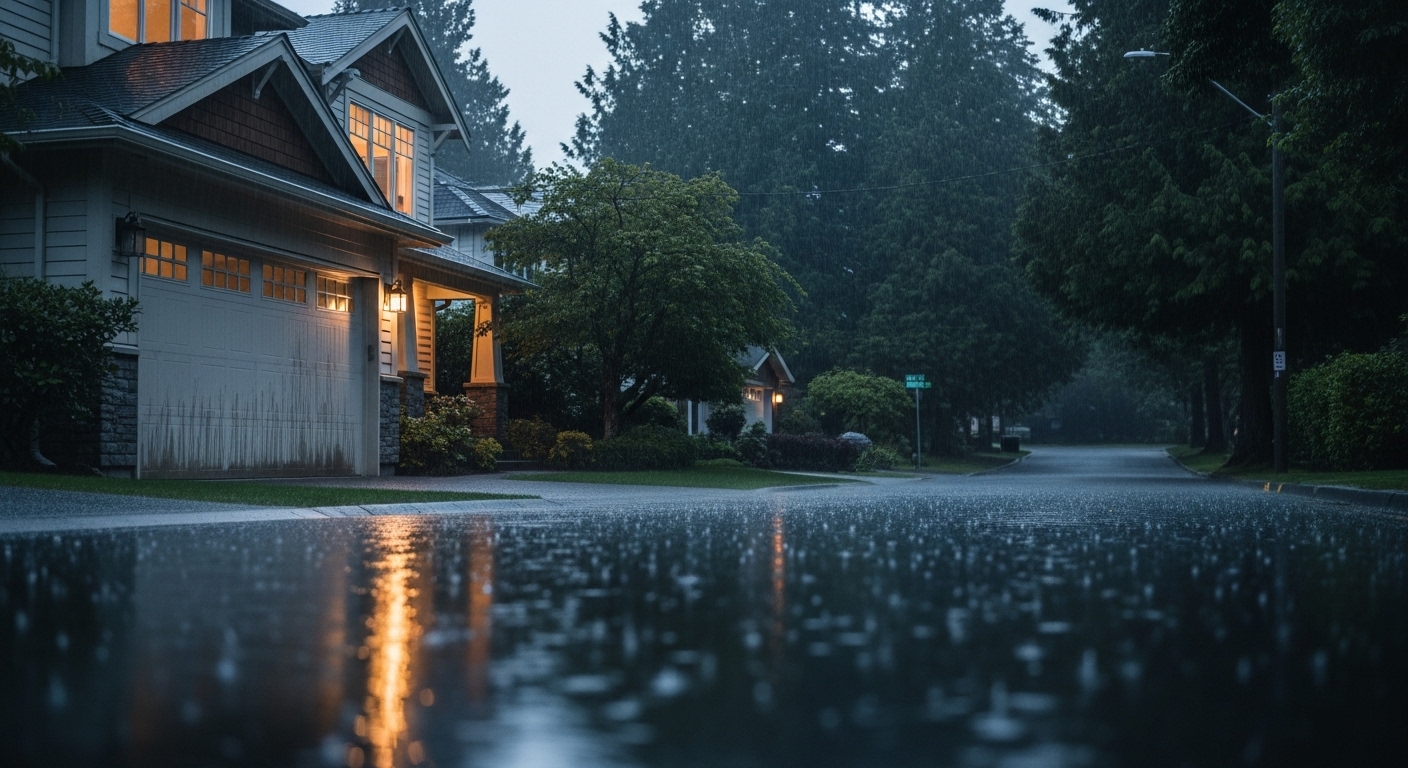 Rainy day view of a Vancouver home with a modern garage door