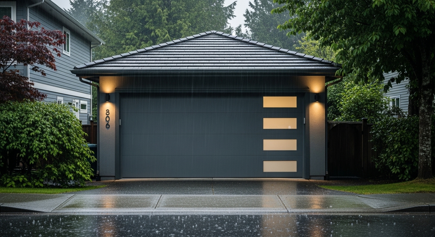 A garage door in Vancouver on a rainy day, highlighting moisture exposure.