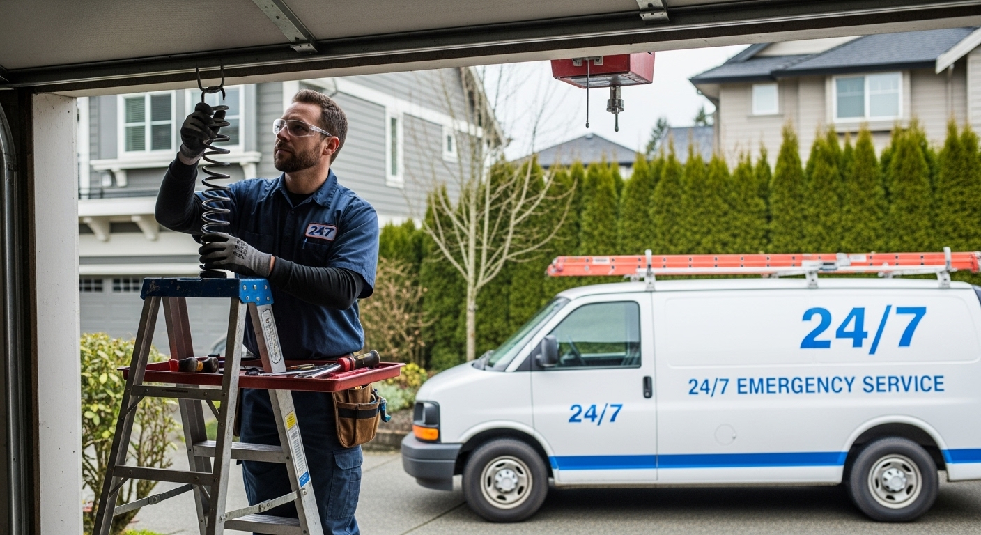 A 24/7 emergency garage door repair technician working on a door in Vancouver