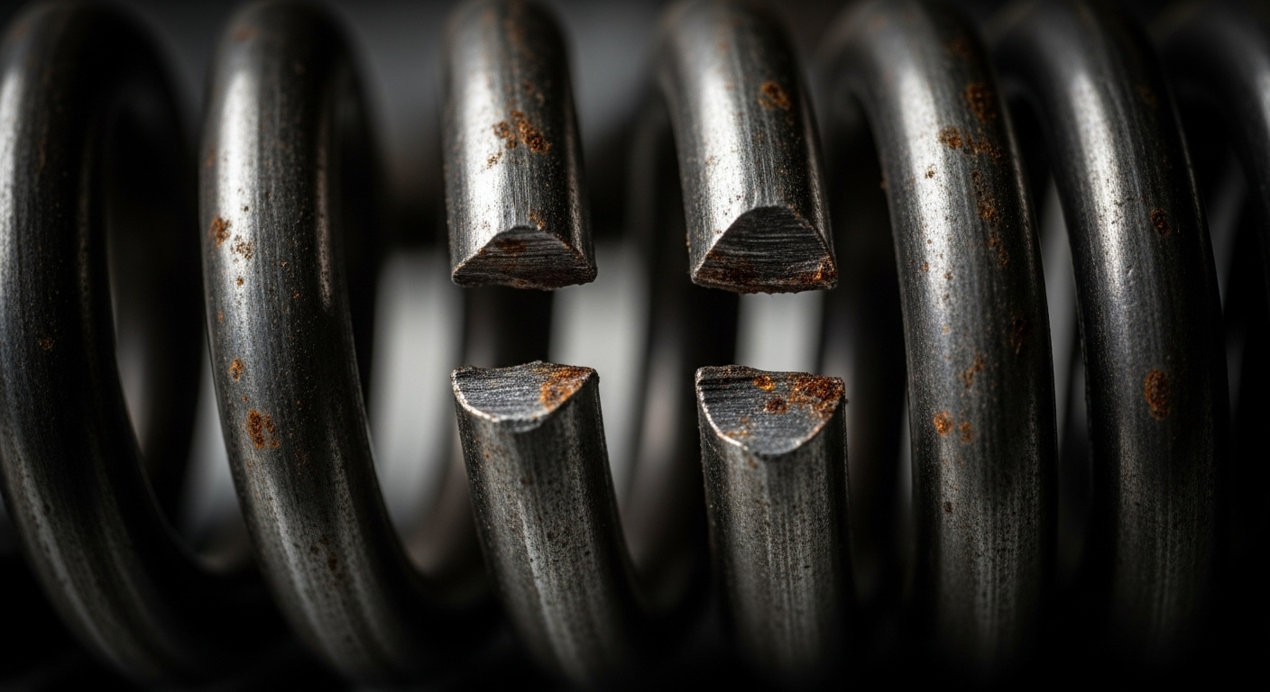Close-up view of a broken torsion spring on a garage door.