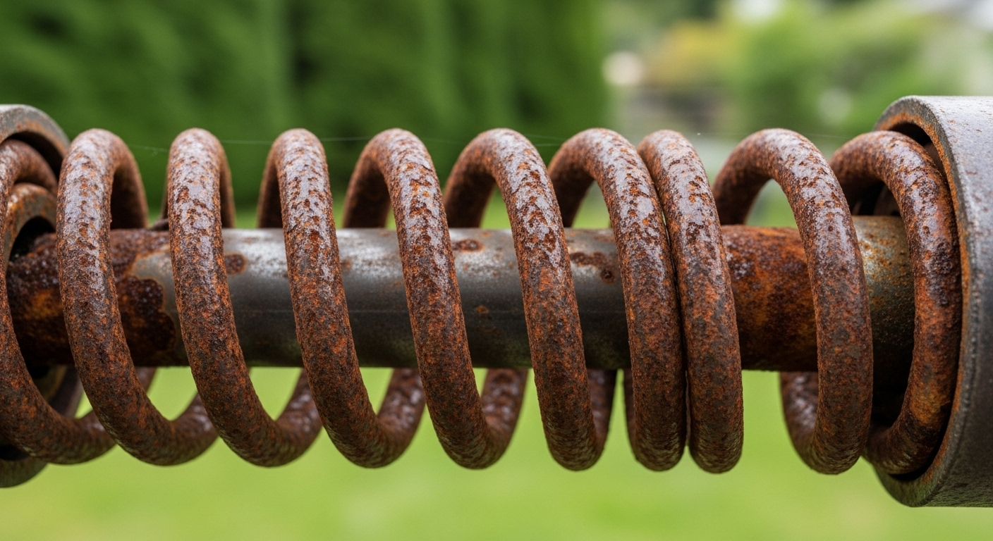 Close-up of a corroded garage door spring, a common issue in Vancouver's climate.