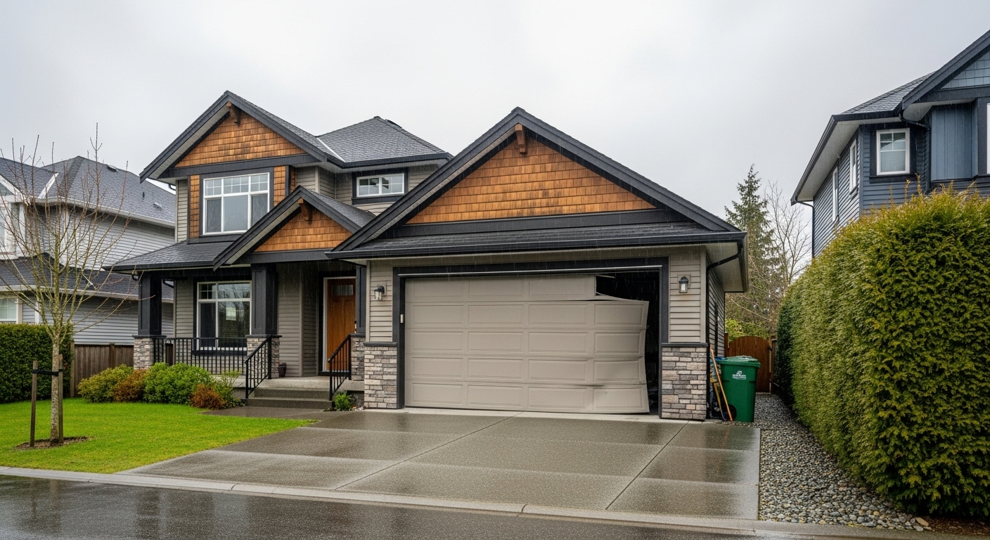 A crooked garage door on a Vancouver home, showing signs of track misalignment.