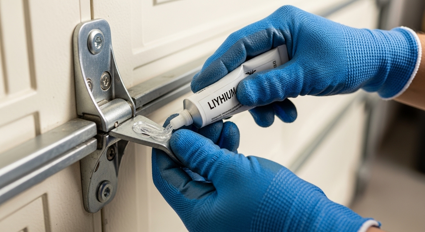 A person using a spray lubricant on garage door hinges as part of DIY maintenance.
