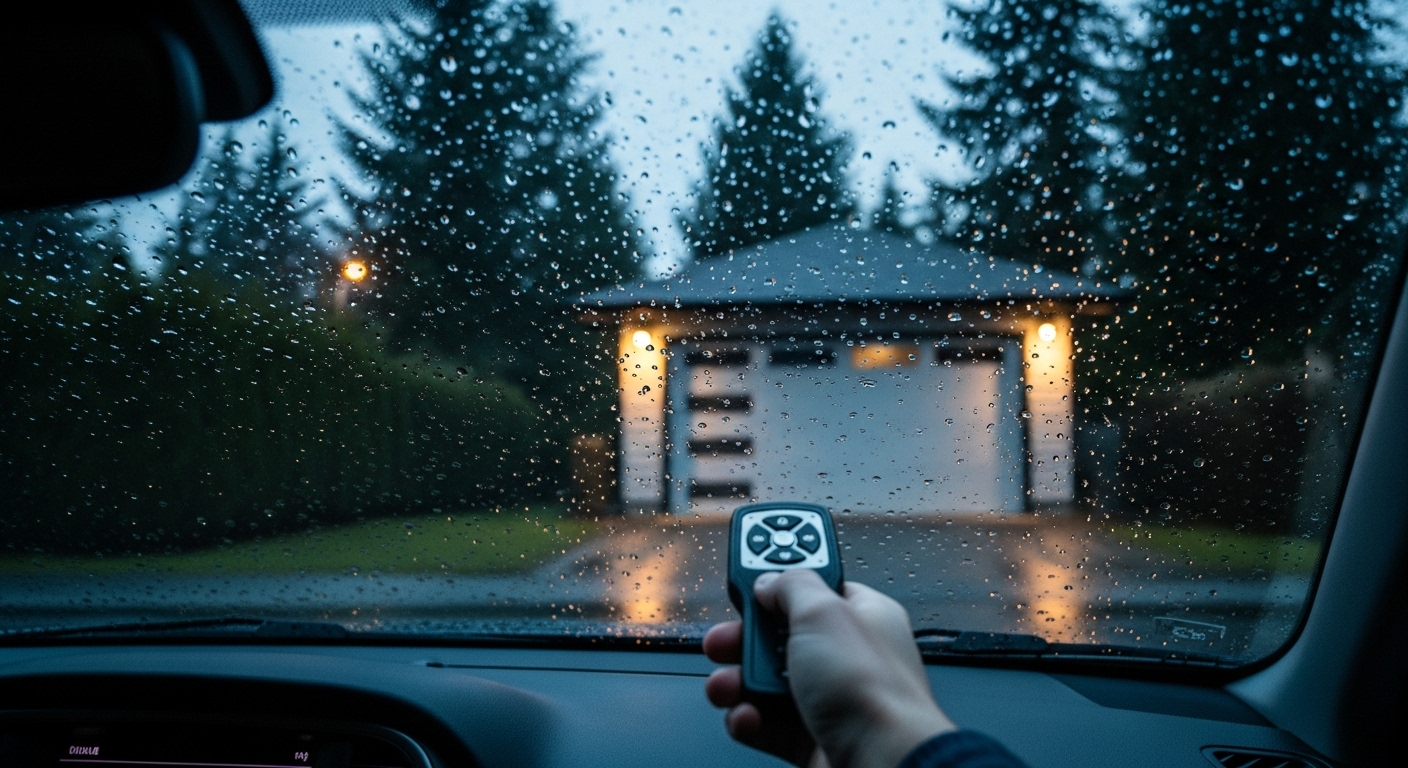Driver frustrated in their car during a Vancouver rainstorm because their garage door remote is broken.
