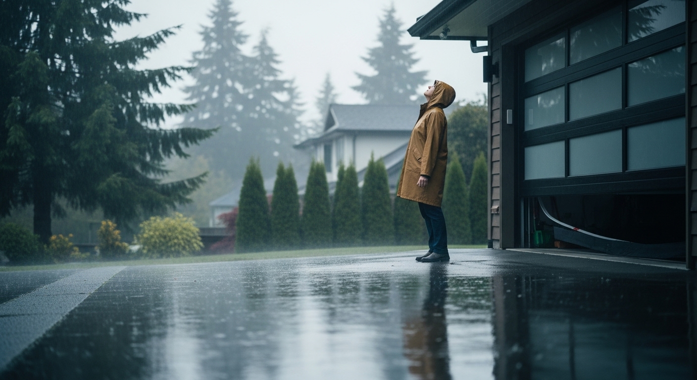 Frustrated Vancouver homeowner looking at their broken garage door.