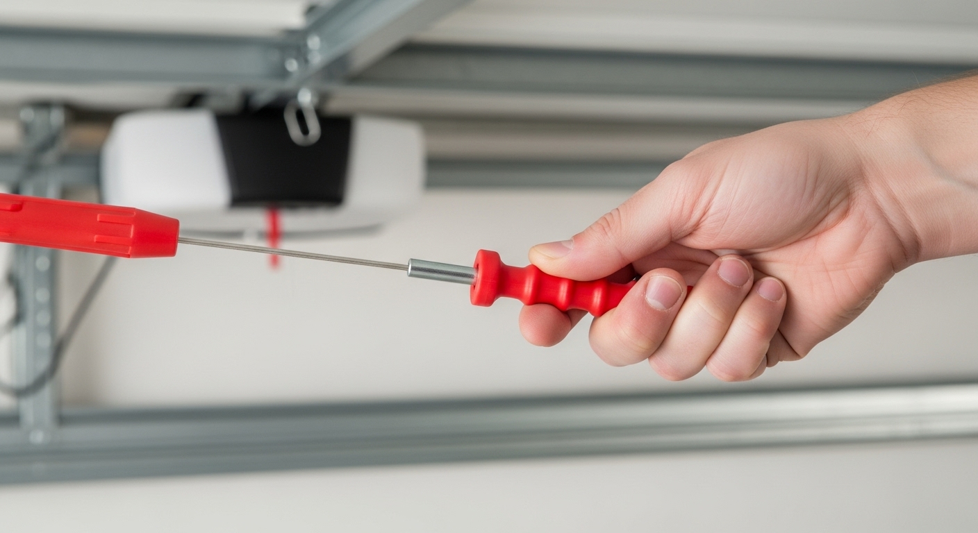 Close-up of a red emergency release cord for a garage door opener