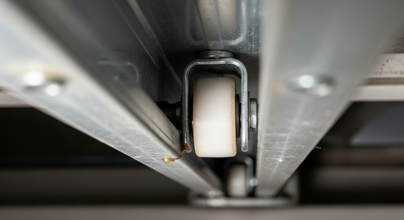 Close-up view of a garage door roller coming off its misaligned track.