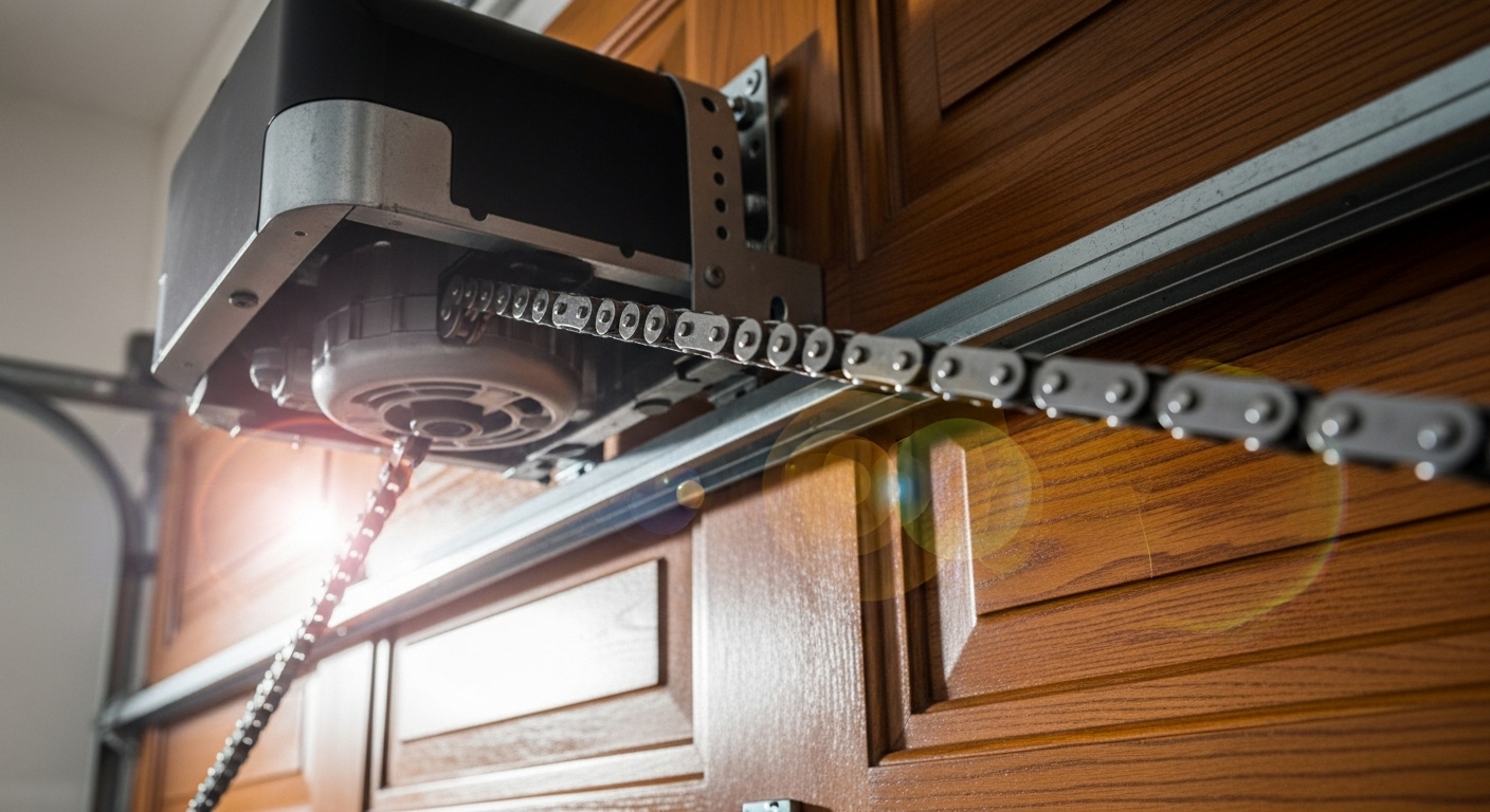 A heavy-duty chain drive garage door opener lifting a large wooden garage door
