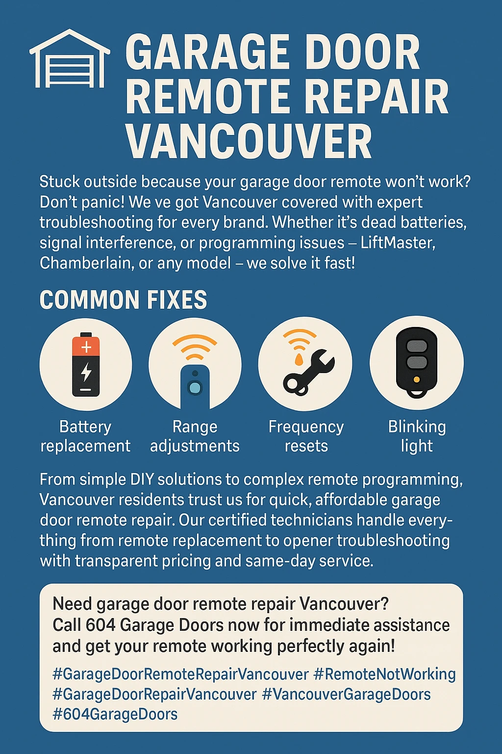 Infographic showing key takeaways for a garage door remote not working in Vancouver.