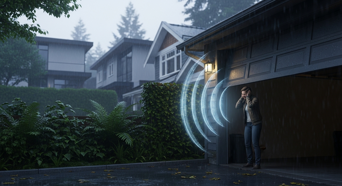 Illustration of a noisy garage door bothering neighbors in a Vancouver home.