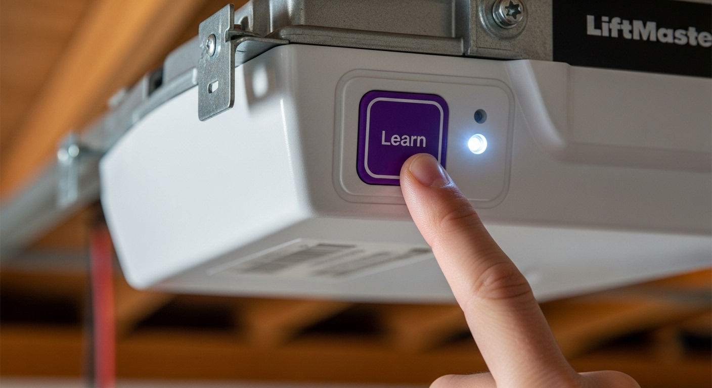 Finger pressing the purple learn button on a LiftMaster garage door opener unit.