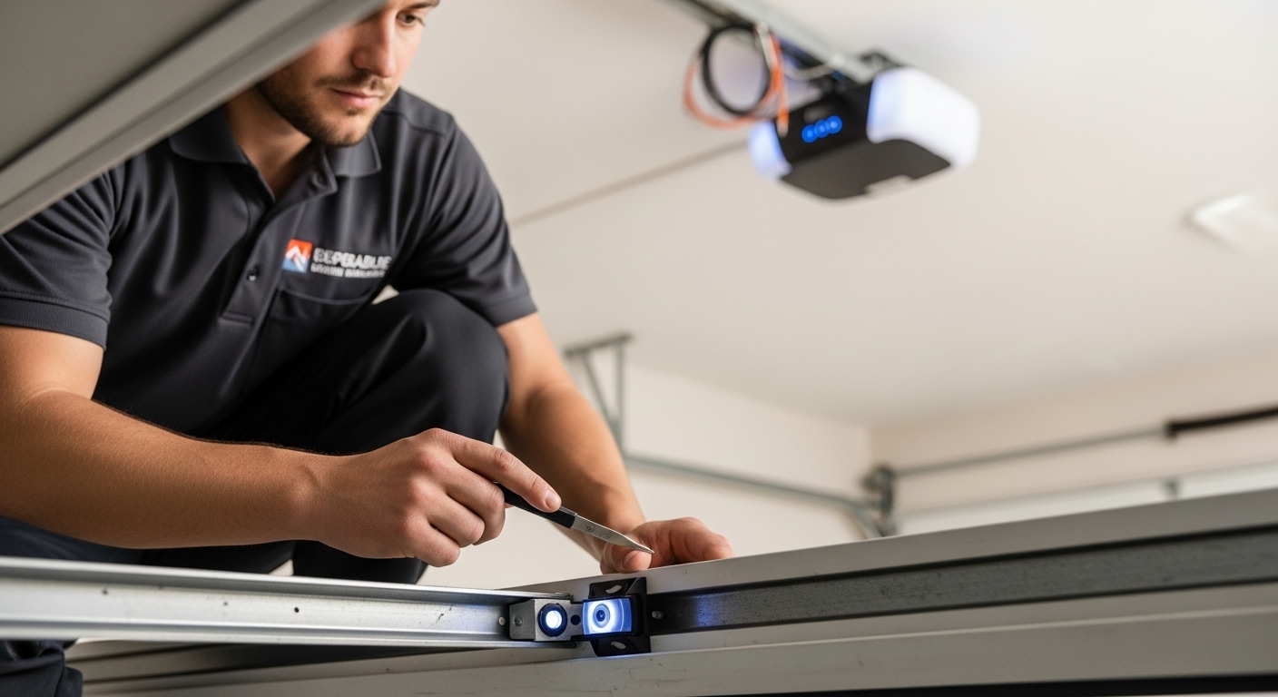 Technician repairing a garage door opener sensor
