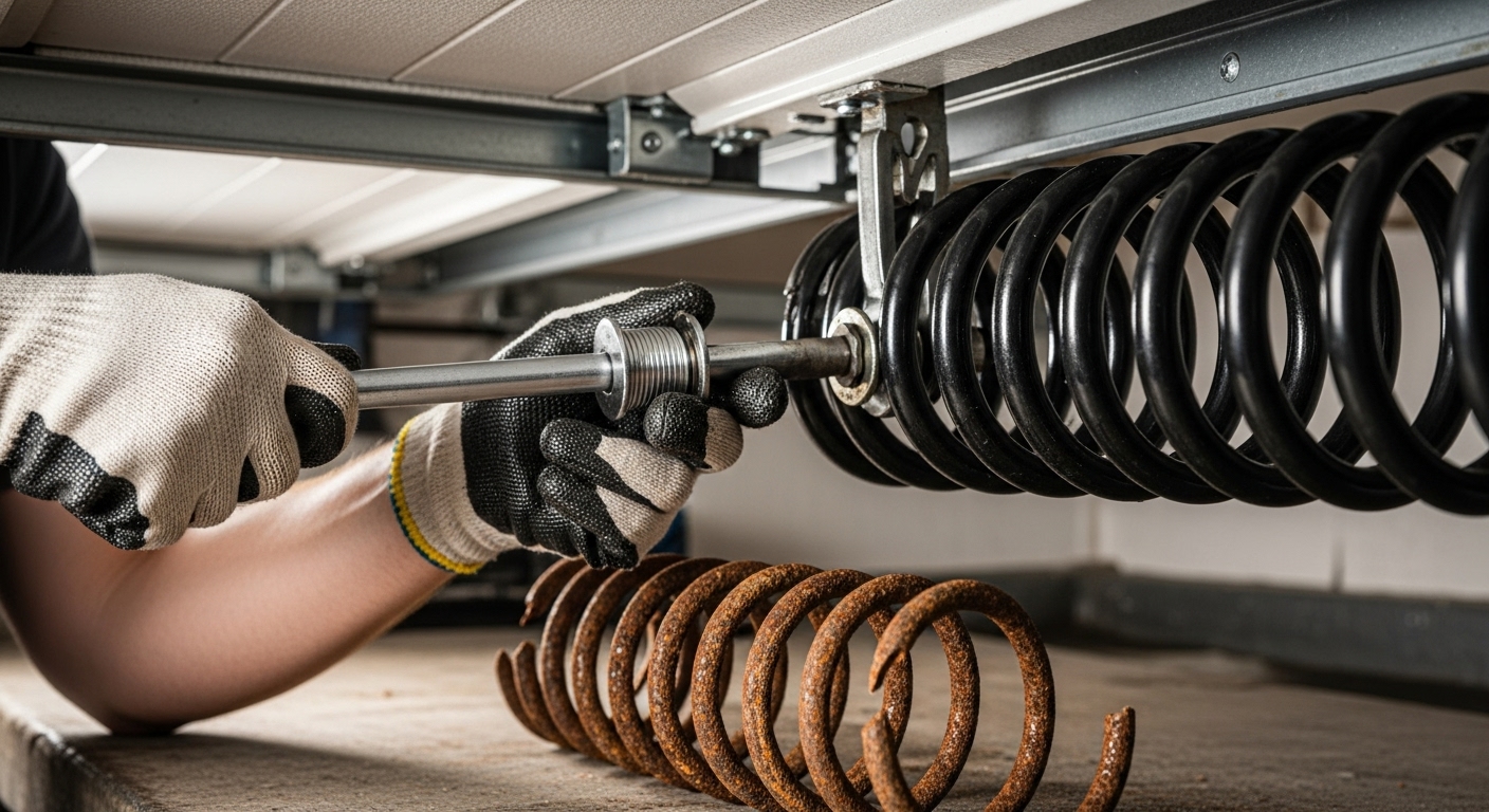 Technician replacing a garage door spring