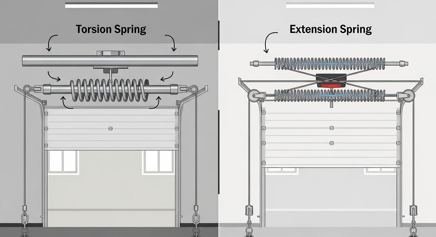 Diagram comparing torsion garage door springs versus extension garage door springs.