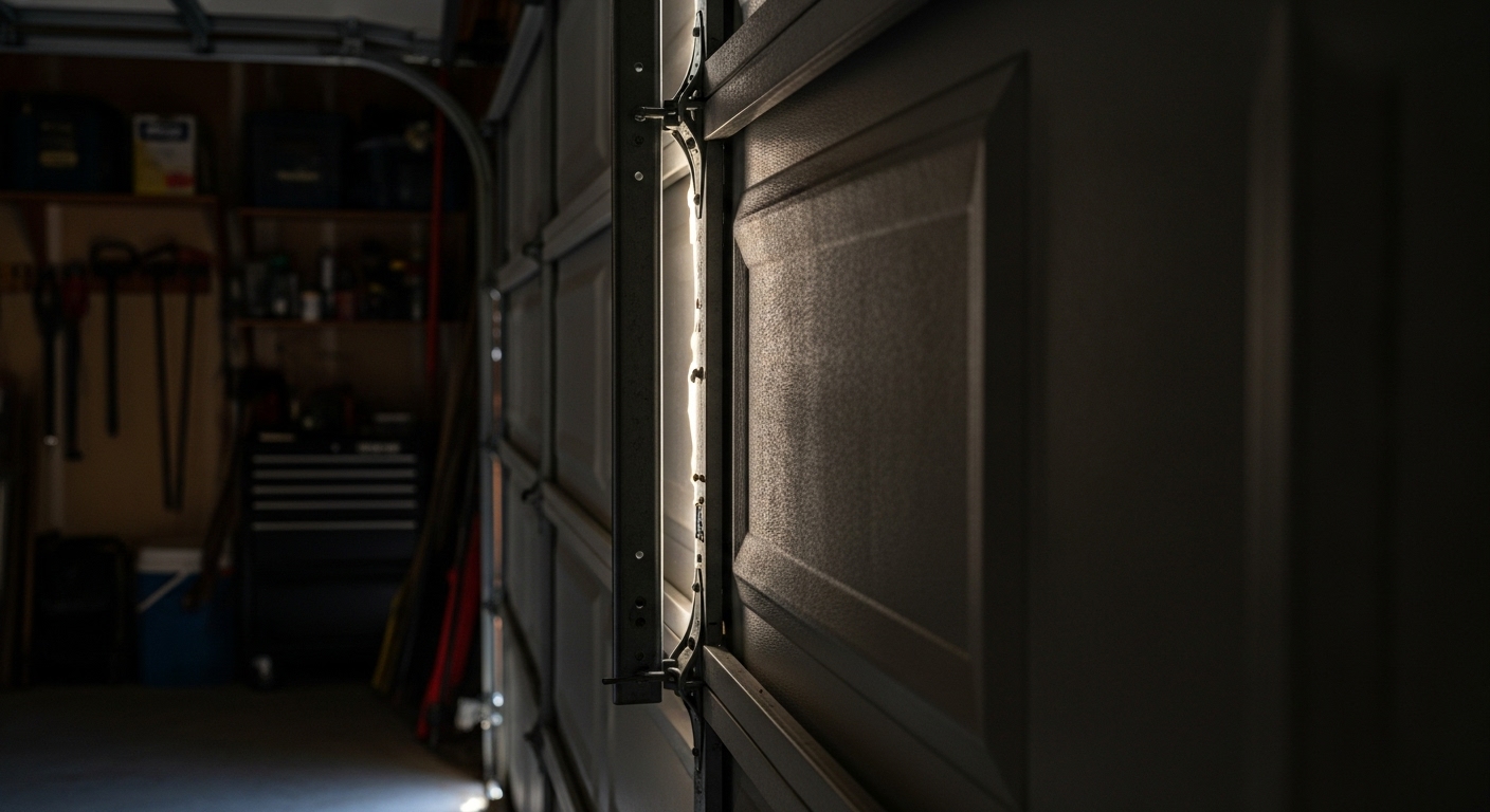 Close-up of an uneven gap at the bottom of a misaligned garage door.