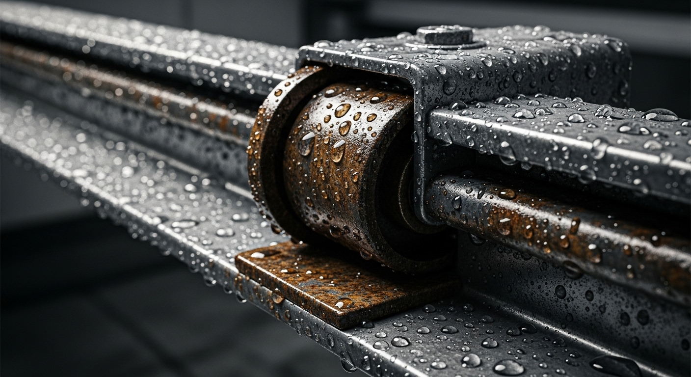 Close-up of a rusted and corroded garage door component due to Vancouver's wet climate.