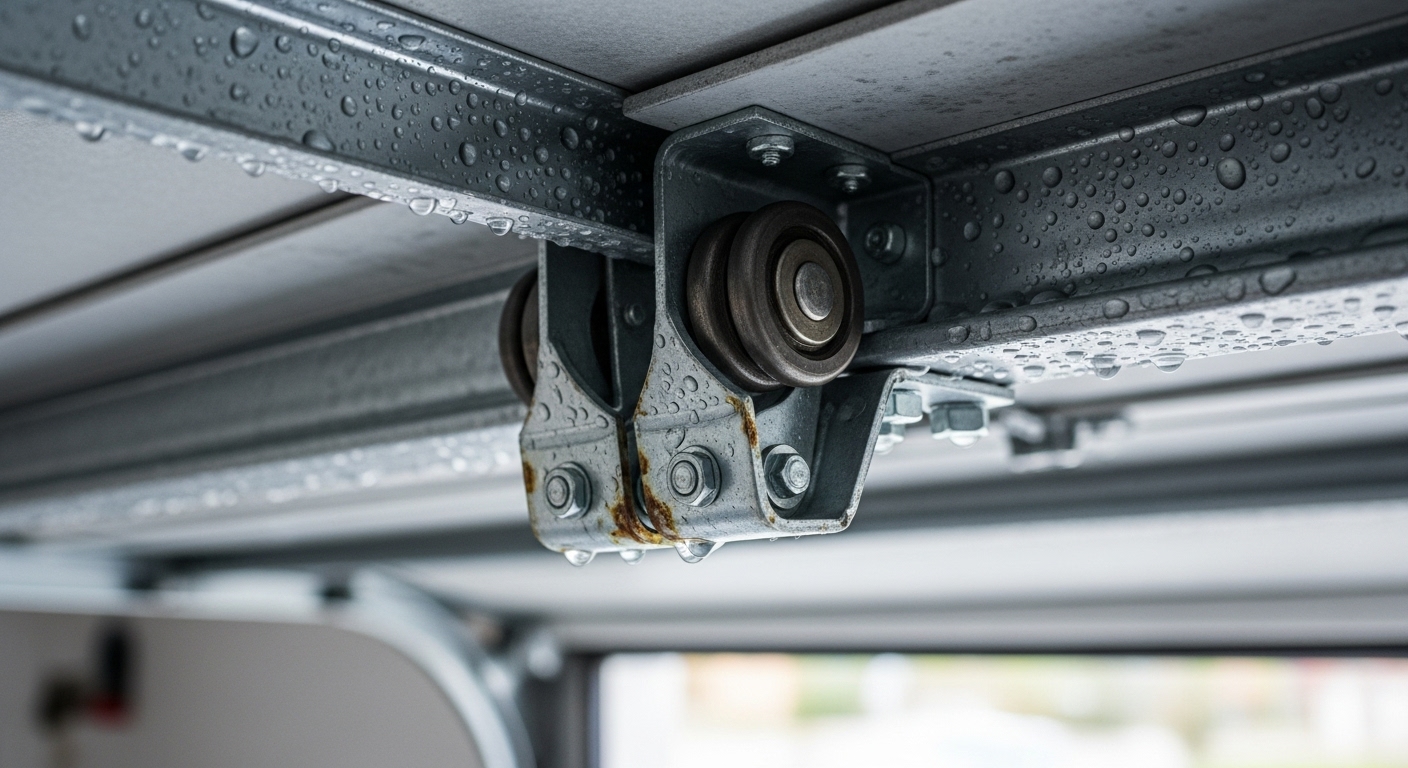 Close-up of garage door corrosion caused by Vancouver's coastal climate.