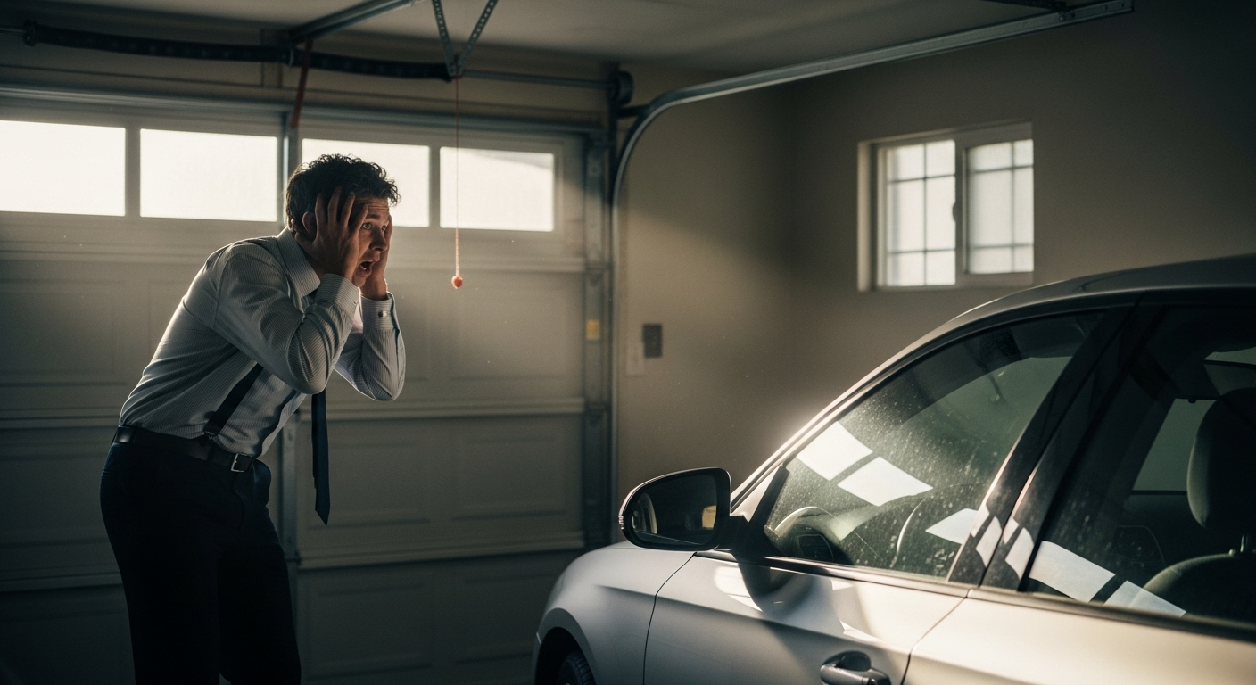Car stuck in a garage with a malfunctioning garage door in Vancouver