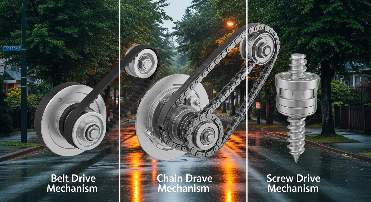 Side-by-side view of belt, chain, and screw drive garage door opener mechanisms