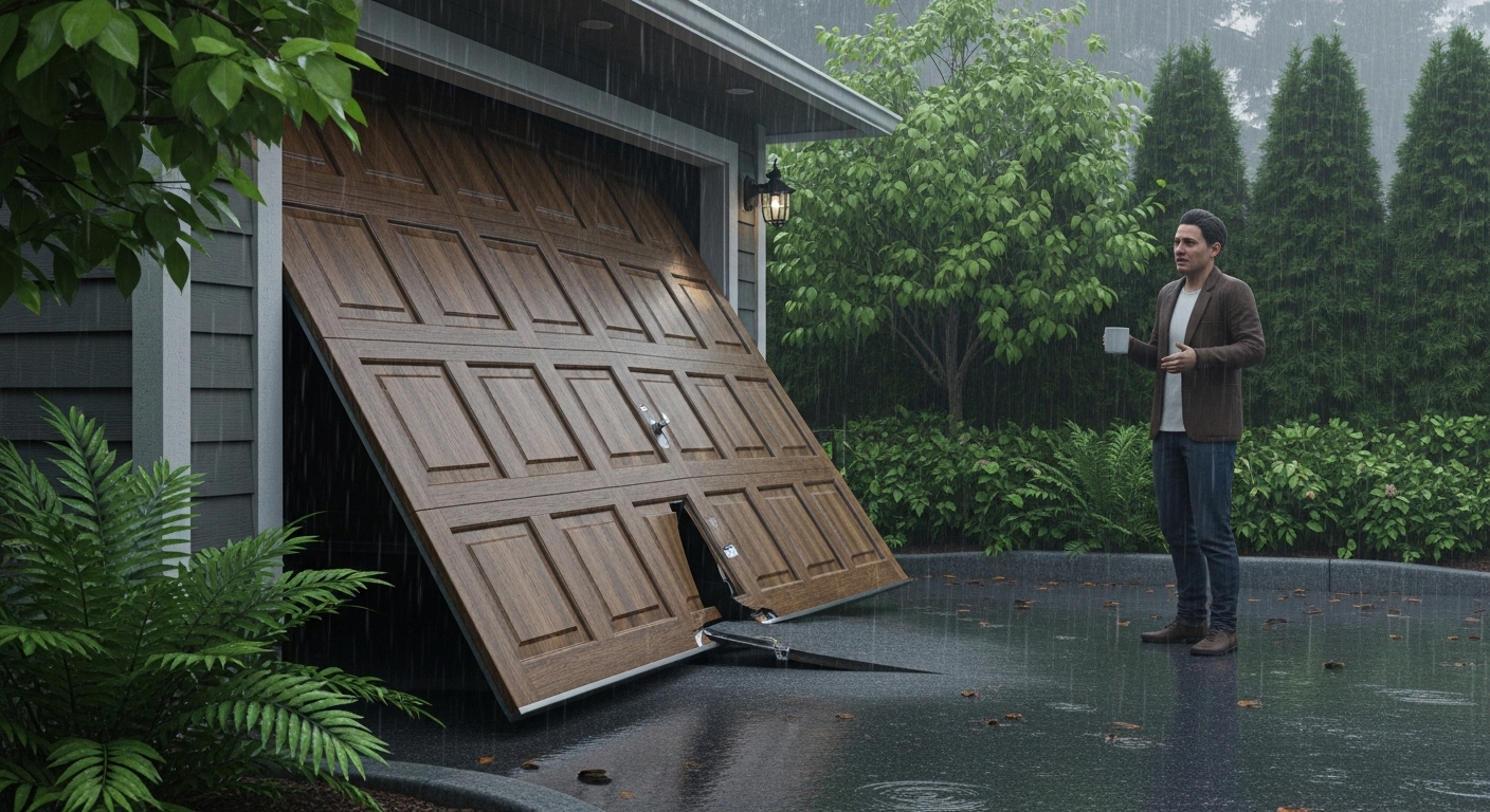 A homeowner looks at their malfunctioning garage door on a rainy Vancouver morning.