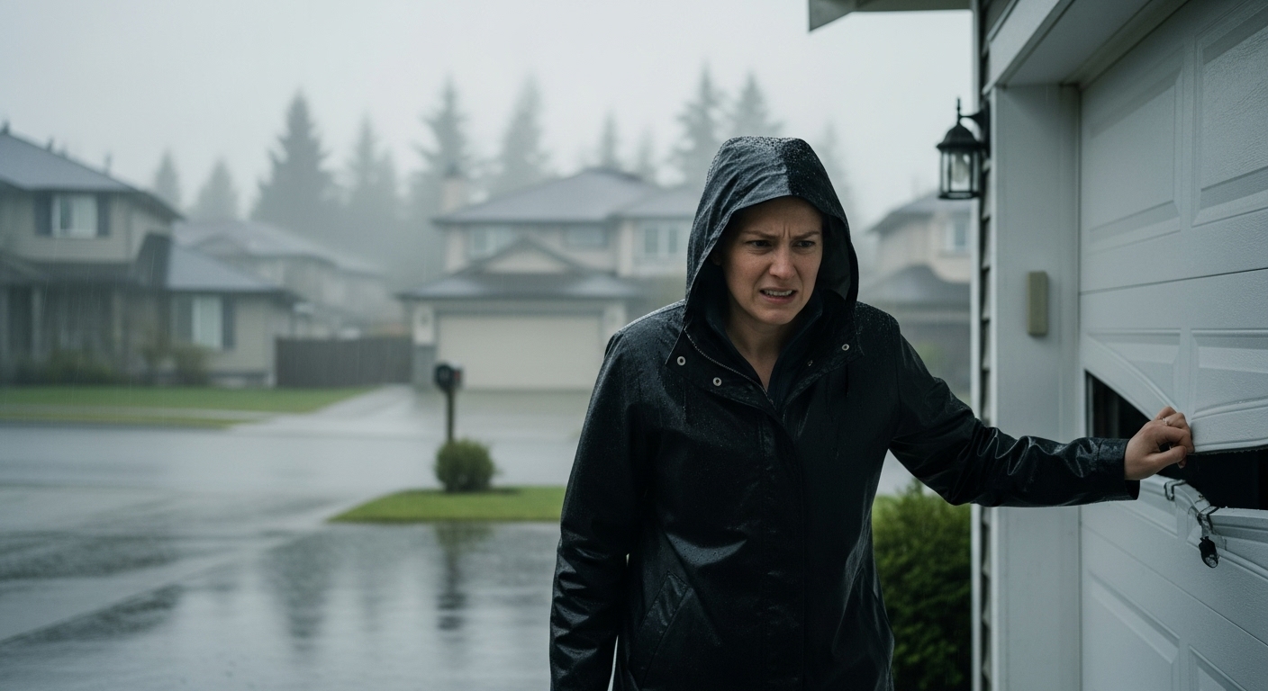 Vancouver homeowner looking at their broken garage door