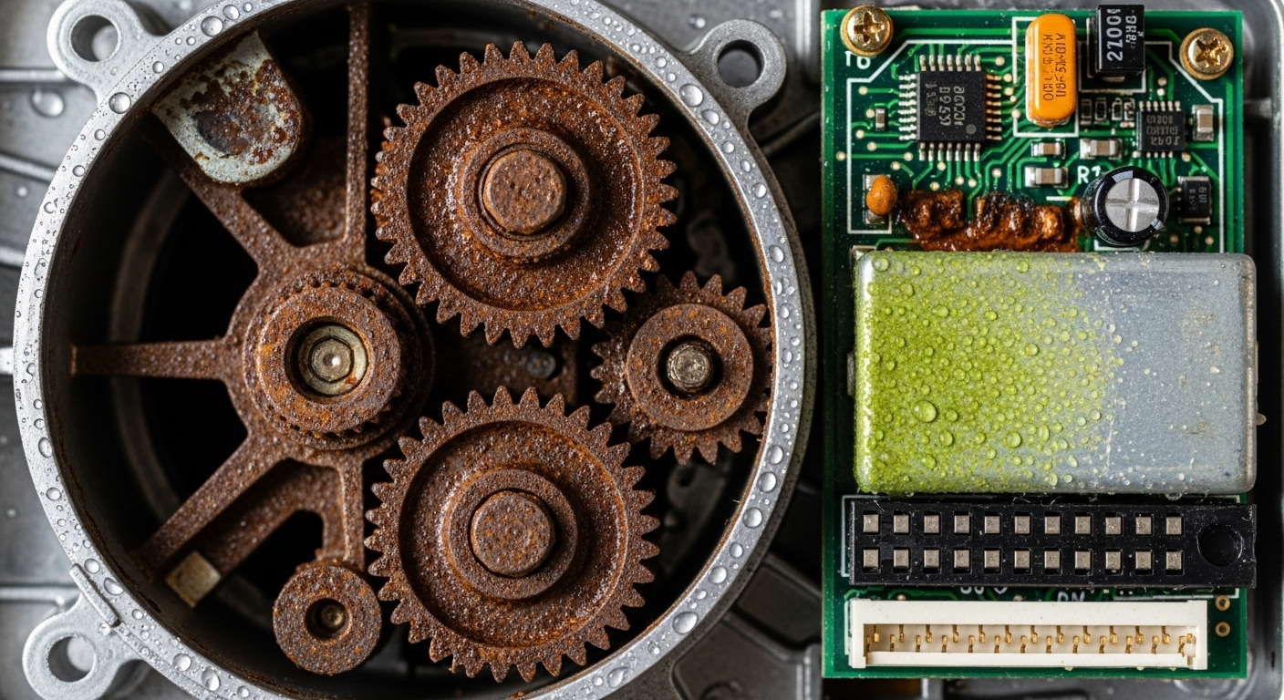 Corrosion damage on a garage door motor caused by Vancouver's humid climate.