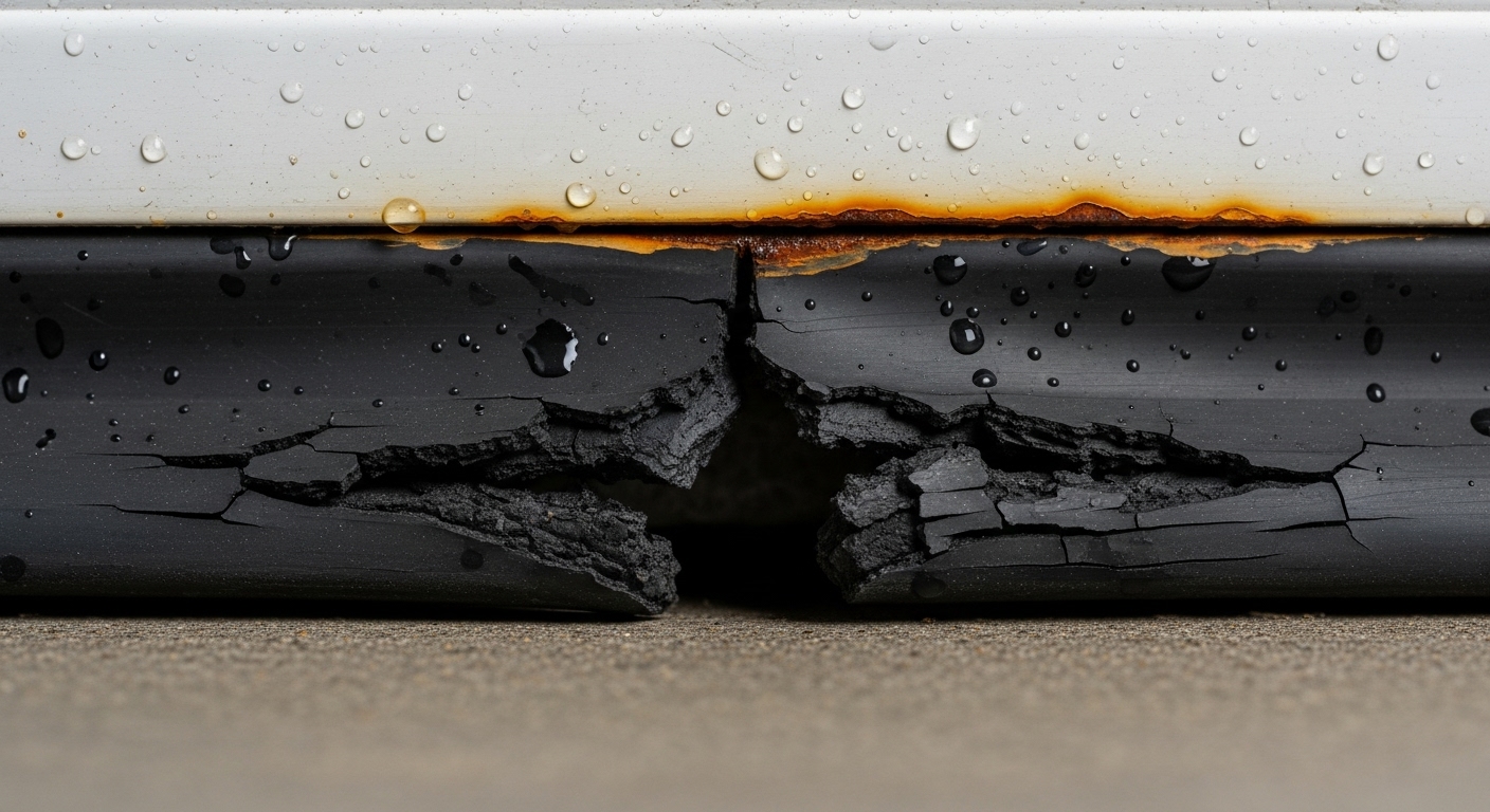 Close-up of a failed, cracked garage door weather stripping.