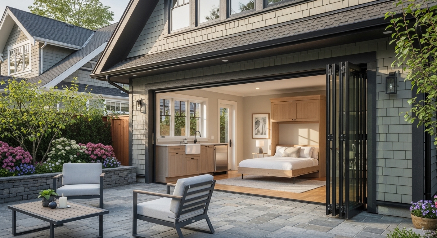 Garage conversion with bifold door leading to patio