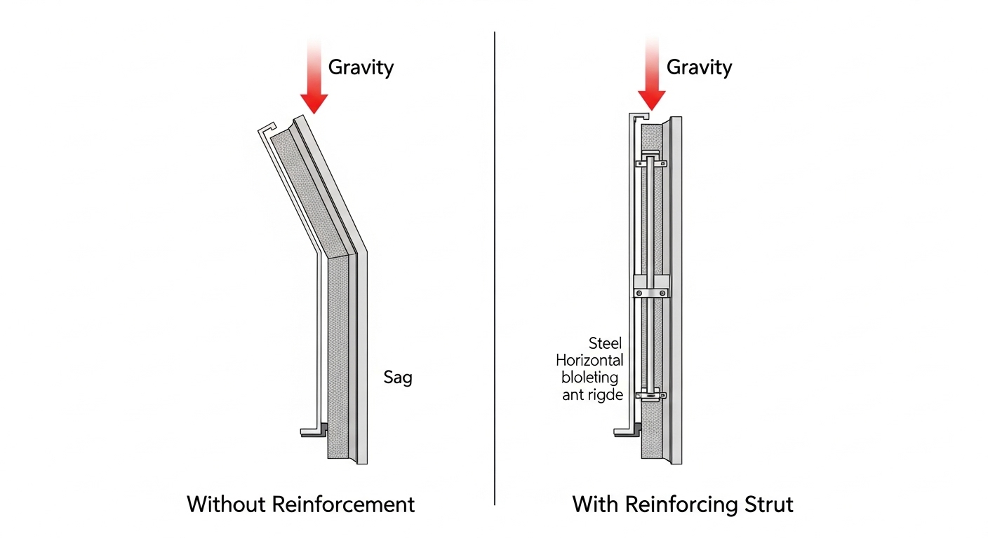 Illustration showing a reinforcing strut installed horizontally across a garage door panel.