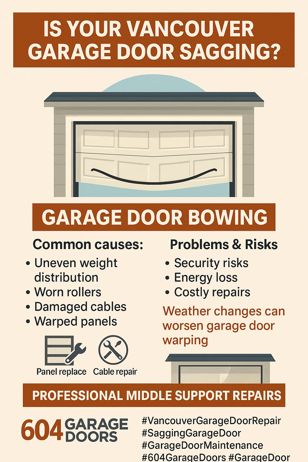 Infographic summarizing the causes, consequences, and solutions for sagging garage doors in Vancouver.