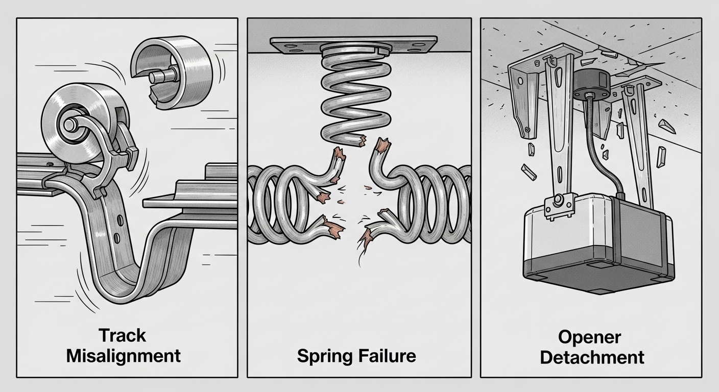 Illustration showing the seismic failure points of a garage door system