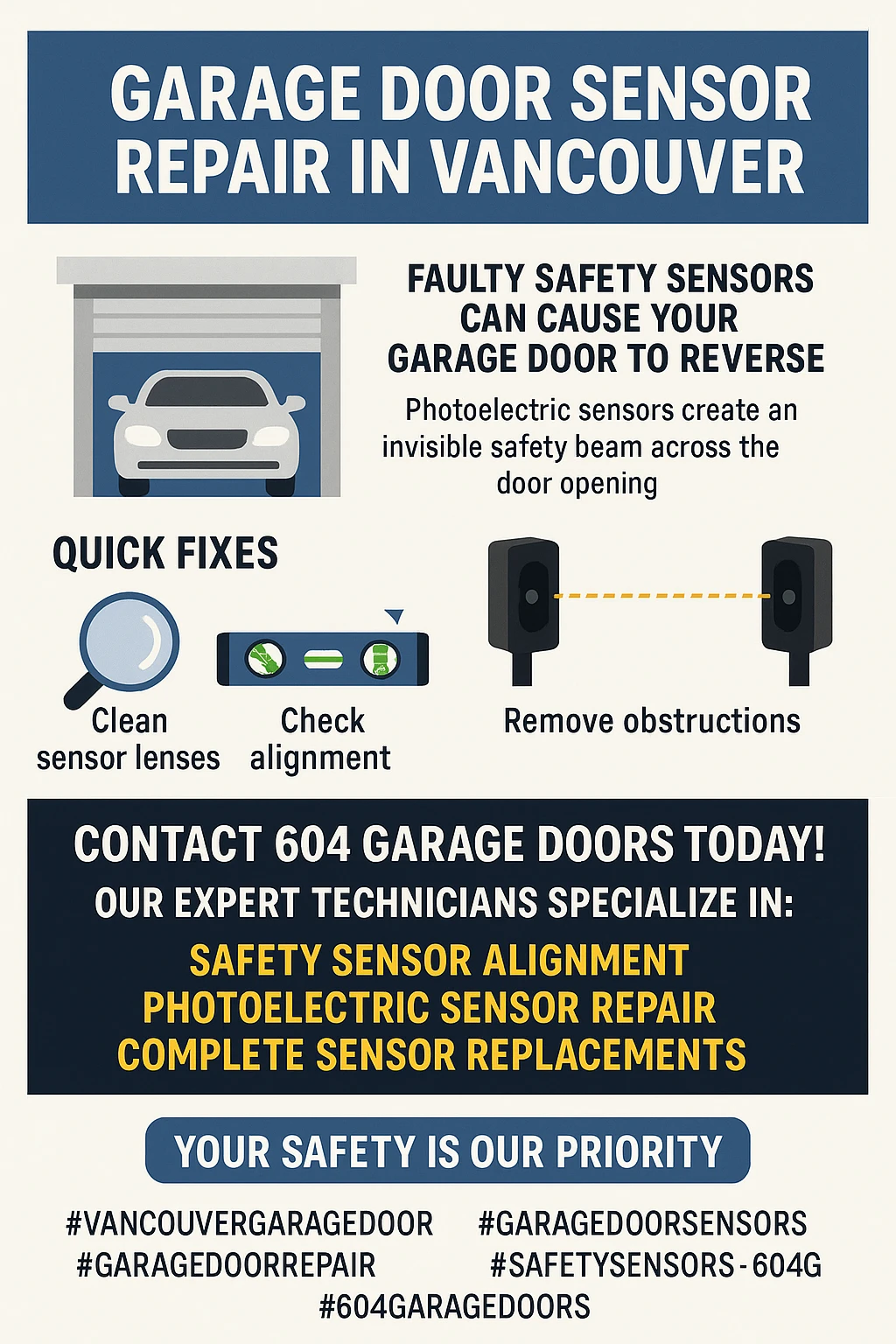 Infographic summarizing key takeaways about garage door sensor problems and solutions in Vancouver.