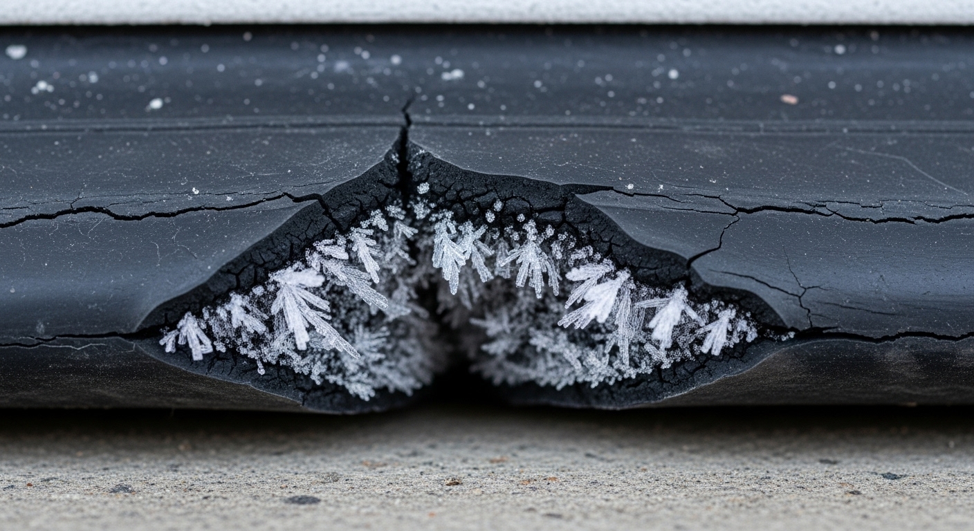 Close up view of a damaged garage door weather stripping seal covered in ice and frost.