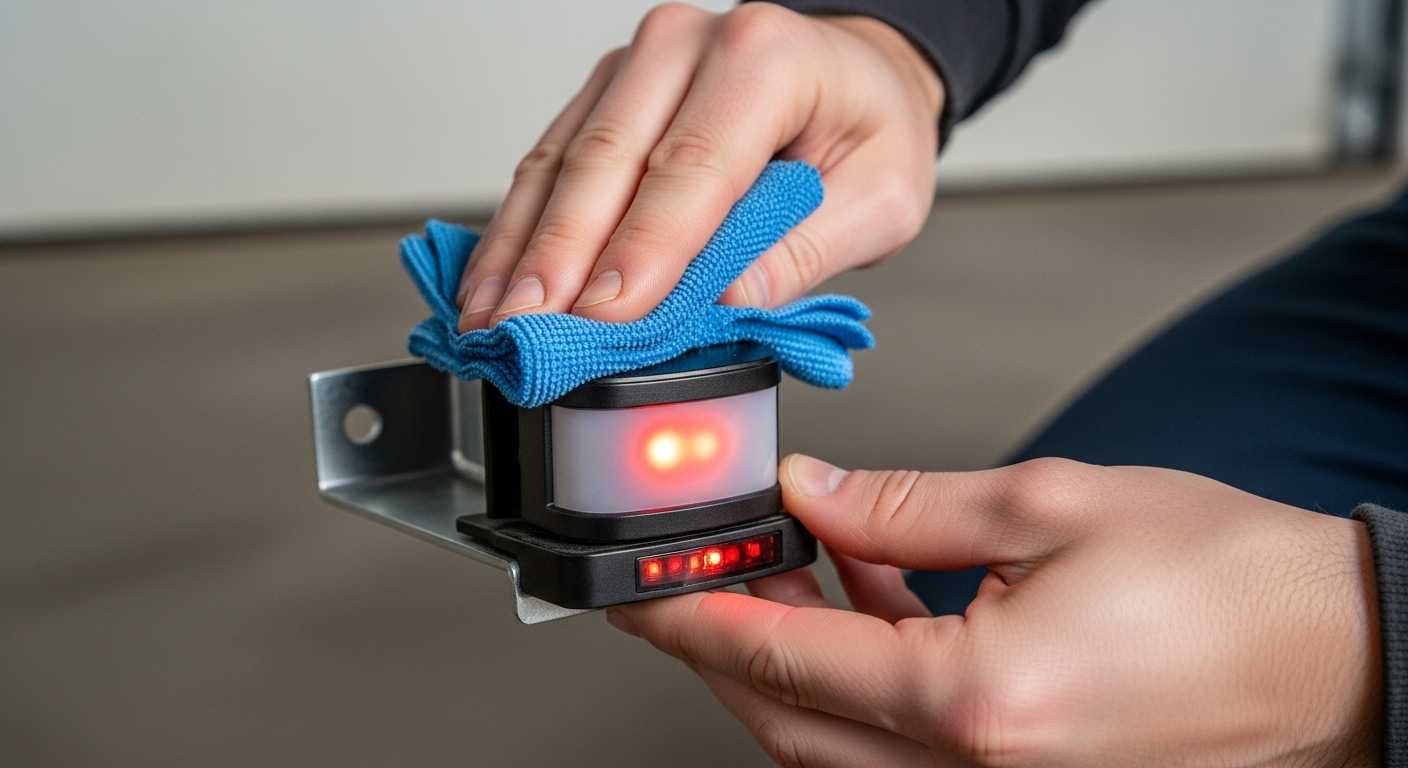 A homeowner troubleshooting a garage door safety sensor by adjusting its alignment.