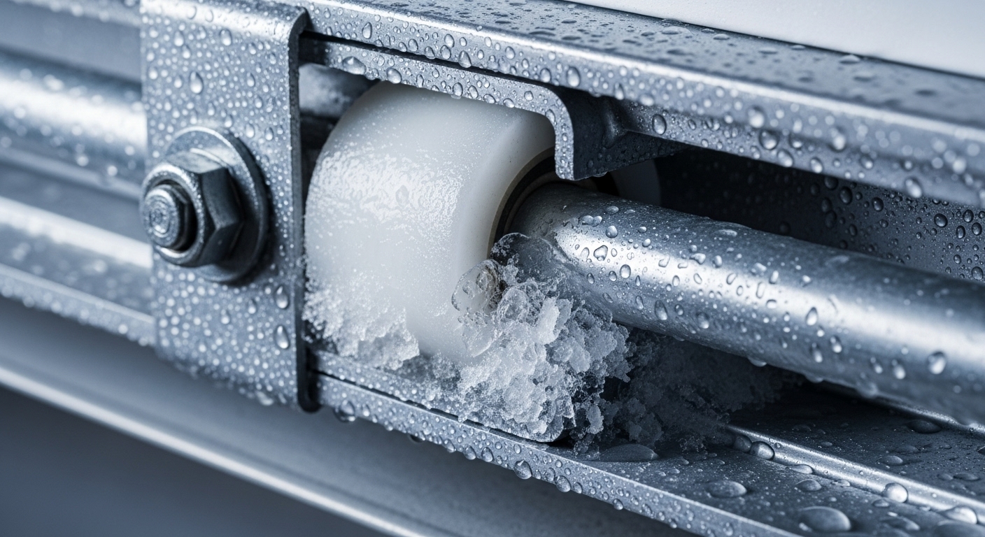 Ice and frost buildup on a garage door roller and metal track, preventing smooth operation.