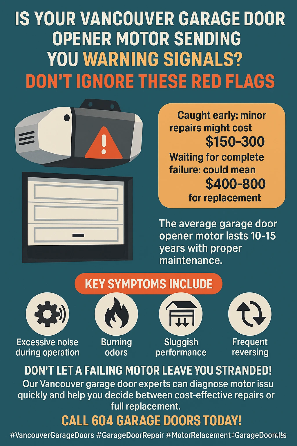 Infographic summarizing key takeaways for garage door opener motor problems in Vancouver.