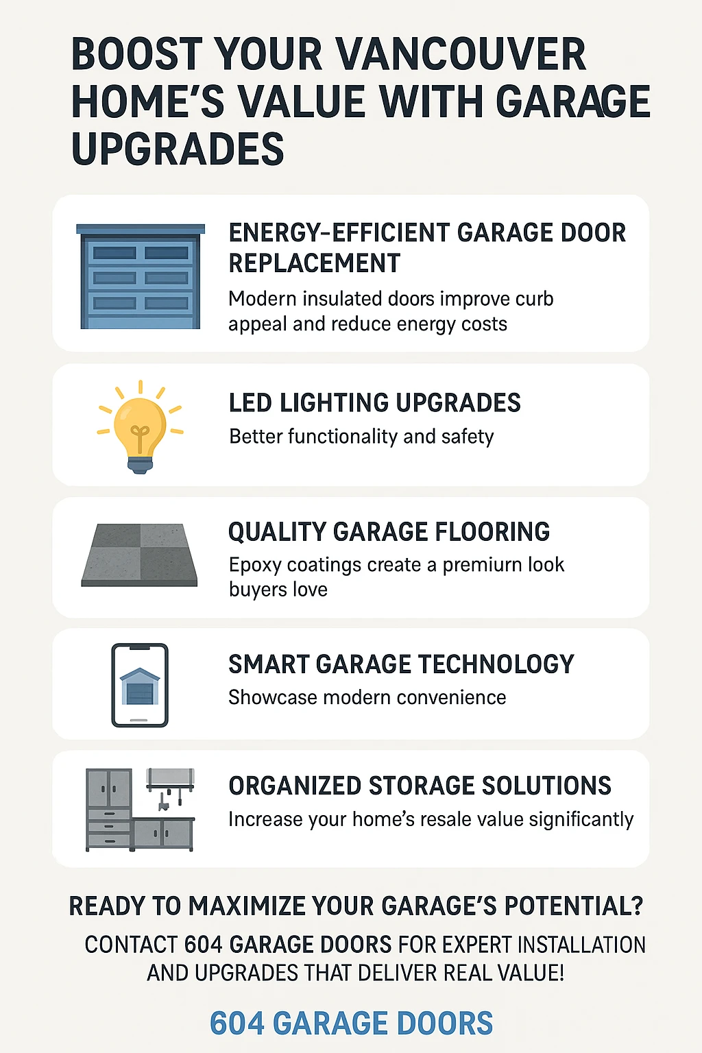 Infographic on key takeaways for ROI on garage upgrades in Vancouver